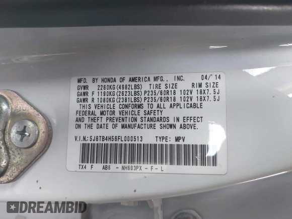 2015 Acura RDX Tech Pkg with VIN 5J8TB4H56FL000513, listed as a IAAI auction lot 41283811 with 167,324 mi miles. Bid and sale history available at carsss.com. Image 9.