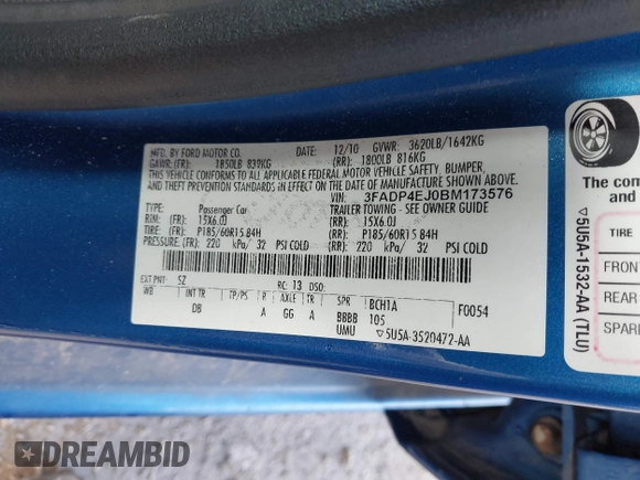 2011 Ford Fiesta SE with VIN 3FADP4EJ0BM173576, listed as a IAAI auction lot 42075691 with 128,835 mi miles. Bid and sale history available at carsss.com. Image 9.