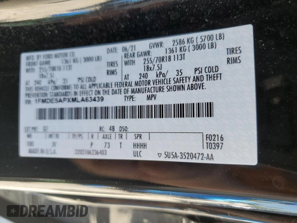 2021 Ford Bronco z VIN 1FMDE5APXMLA63439, wystawiony jako Copart lot #58100614 z przebiegiem 42 973 mil mil oraz Szkoda całkowita • Salvage title. Historia ofert i sprzedaży dostępna na DreamBid. Obrazek 13.