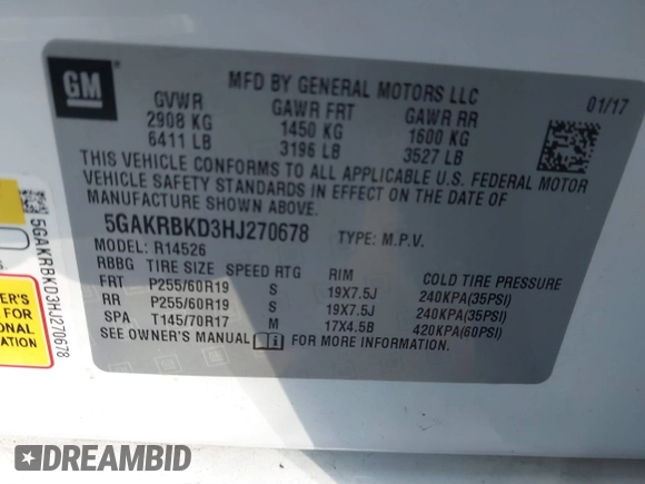 2017 Buick Enclave Leather with VIN 5GAKRBKD3HJ270678, listed as a IAAI auction lot 41597224 with 49,309 mi miles and . Bid and sale history available at DreamBid. Image 9.