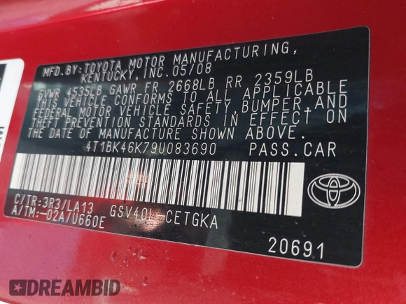 2009 Toyota Camry LE z VIN 4T1BK46K79U083690, wystawiony jako IAAI lot #41811918 z przebiegiem 174 220 mil mil oraz . Historia ofert i sprzedaży dostępna na DreamBid. Obrazek 9.