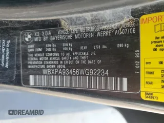 2006 BMW X3 3.0i z VIN WBXPA93456WG92234, wystawiony jako Copart lot #60319775 z przebiegiem Nie podano mil oraz Szkoda całkowita • Salvage title. Historia ofert i sprzedaży dostępna na DreamBid. Obrazek 13.