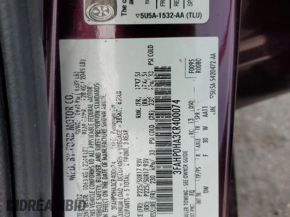 2012 Ford Fusion SE with VIN 3FAHP0HA3CR400074, listed as a Copart auction lot 59180065 with 168,416 mi miles and Salvage title. Bid and sale history available at DreamBid. Image 12.