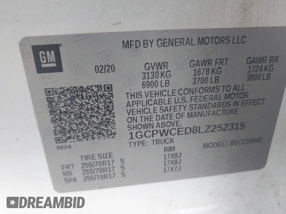 2020 Chevrolet Silverado 1500 LT with VIN 1GCPWCED8LZ252315, listed as a IAAI auction lot 41784705 with 284,863 mi miles and . Bid and sale history available at DreamBid. Image 9.