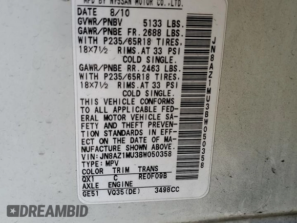 2011 Nissan Murano SV z VIN JN8AZ1MU3BW050358, wystawiony jako Copart lot #57122755 z przebiegiem 211 143 mil mil oraz Szkoda całkowita • Salvage title. Historia ofert i sprzedaży dostępna na DreamBid. Obrazek 13.
