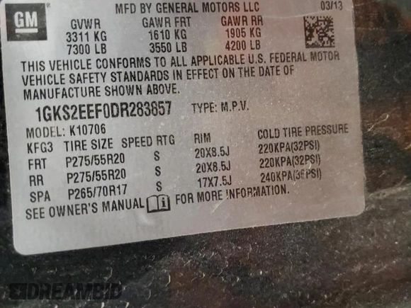 2013 GMC Yukon Denali with VIN 1GKS2EEF0DR283857, listed as a Copart auction lot 46505705 with 148,428 mi miles and Salvage Title. Bid and sale history available at carsss.com. Image 15.