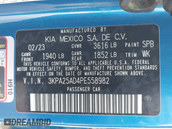 2023 Kia Rio S with VIN 3KPA25AD4PE558982, listed as a IAAI auction lot 41338270 with 40,965 mi miles and . Bid and sale history available at DreamBid. Image 9.