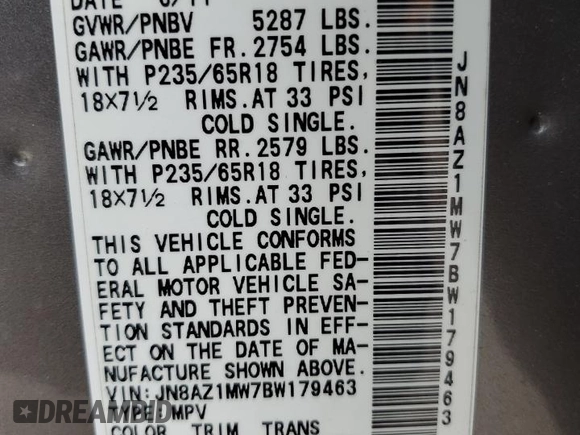 2011 Nissan Murano S with VIN JN8AZ1MW7BW179463, listed as a Copart auction lot 53971925 with Not Provided miles and Salvage Title. Bid and sale history available at DreamBid. Image 13.