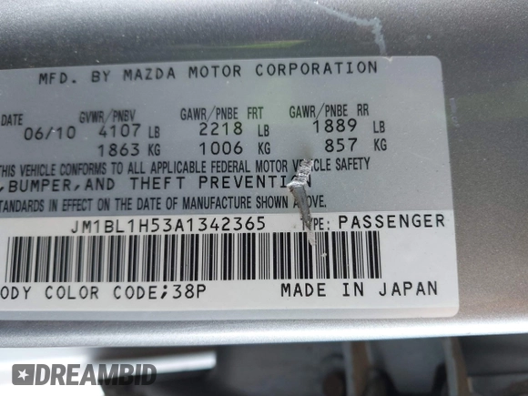 2010 Mazda 3 S Sport with VIN JM1BL1H53A1342365, listed as a IAAI auction lot 42598001 with 127,839 mi miles and . Bid and sale history available at DreamBid. Image 9.