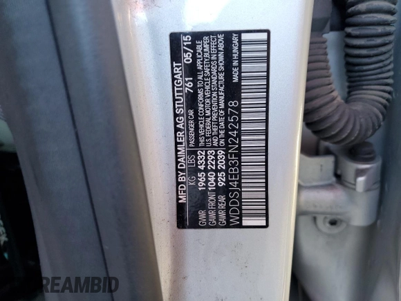 2015 Mercedes-Benz CLA 250 with VIN WDDSJ4EB3FN242578, listed as a Copart auction lot 41098594 with 104,142 mi miles and . Bid and sale history available at DreamBid. Image 12.