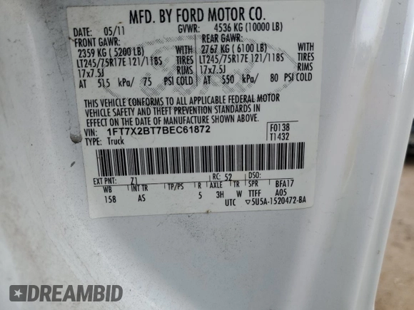 2011 Ford F-250 XL with VIN 1FT7X2BT7BEC61872, listed as a Copart auction lot 47992895 with 221,291 mi miles and Clean Title. Bid and sale history available at DreamBid. Image 12.