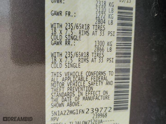2015 Nissan Murano S with VIN 5N1AZ2MG1FN239772, listed as a Copart auction lot 49830675 with 82,873 mi miles and Salvage Title. Bid and sale history available at carsss.com. Image 14.