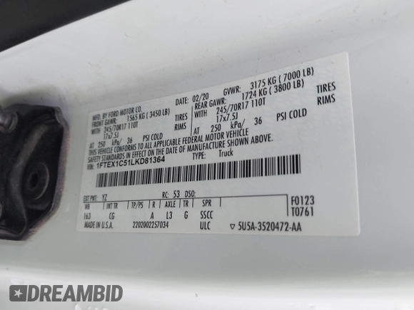 2020 Ford F-150 XL with VIN 1FTEX1C51LKD81364, listed as a IAAI auction lot 41730360 with 178,718 mi miles and . Bid and sale history available at DreamBid. Image 9.