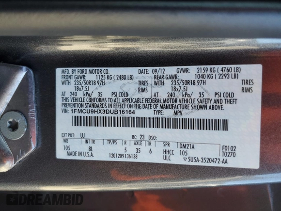 2013 Ford Escape SEL с VIN 1FMCU9HX3DUB16164, выставлен на аукционе Copart как лот 56211675 с пробегом 79 975 миль миль и Списание • Salvage title. История ставок и продаж доступна на DreamBid. Изображение 13.