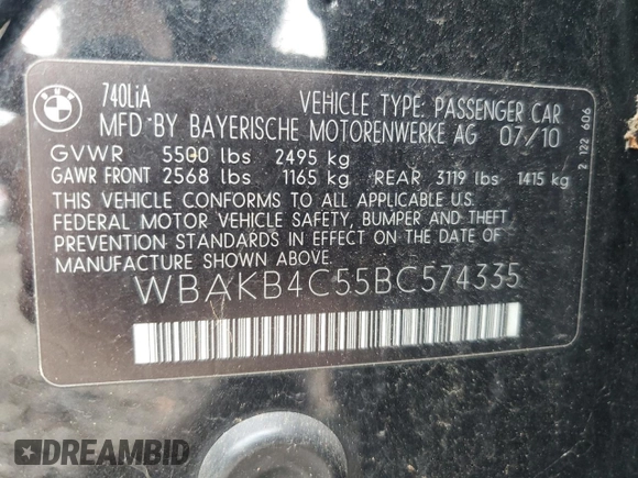 2011 BMW 7 Series 740Li with VIN WBAKB4C55BC574335, listed as a Copart auction lot 59947785 with 106,366 mi miles and Salvage title. Bid and sale history available at DreamBid. Image 13.