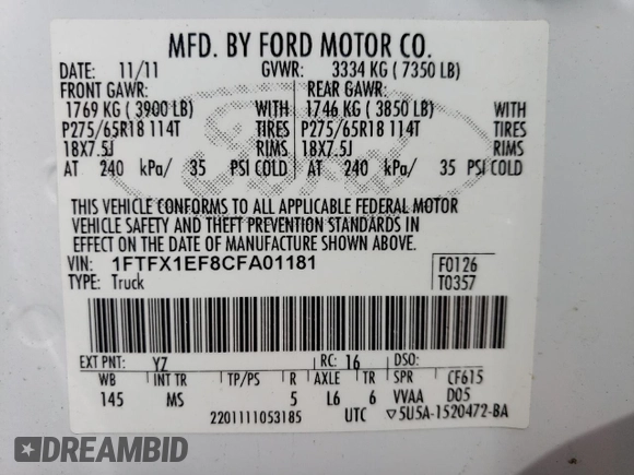 2012 Ford F-150 XL with VIN 1FTFX1EF8CFA01181, listed as a Copart auction lot 53817585 with 186,548 mi miles and Salvage Title. Bid and sale history available at carsss.com. Image 13.
