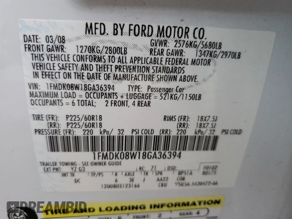 2008 Ford Taurus X Eddie Bauer с VIN 1FMDK08W18GA36394, выставлен на аукционе Copart как лот 50842444 с пробегом 84 798 миль миль и Списание • Salvage title. История ставок и продаж доступна на DreamBid. Изображение 14.