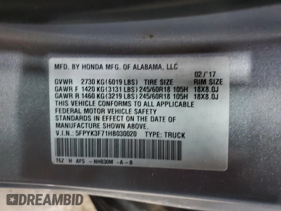 2017 Honda Ridgeline RTL-E with VIN 5FPYK3F71HB030020, listed as a Copart auction lot 82834683 with 102,111 mi miles and Salvage title. Bid and sale history available at DreamBid. Image 13.
