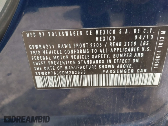2013 Volkswagen Jetta SE z VIN 3VWDP7AJ0DM292598, wystawiony jako IAAI lot #42360798 z przebiegiem 169 885 mil mil oraz . Historia ofert i sprzedaży dostępna na DreamBid. Obrazek 9.