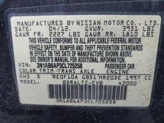 2012 Nissan Sentra SR with VIN 3N1AB6AP3CL725258, listed as a IAAI auction lot 42208967 with 124,813 mi miles and . Bid and sale history available at DreamBid. Image 9.