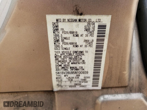 2005 Nissan Quest SE with VIN 5N1BV28U95N100939, listed as a Copart auction lot 44233585 with 0 mi miles and Salvage Title. Bid and sale history available at carsss.com. Image 13.