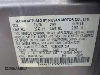 2007 Nissan Altima 2.5 S with VIN 1N4AL21E57C127603, listed as a IAAI auction lot 41771852 with 1 mi miles. Bid and sale history available at carsss.com. Image 9.