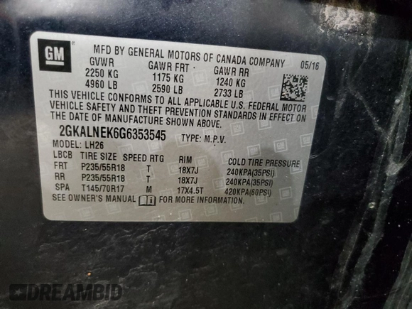 2016 GMC Terrain SLE with VIN 2GKALNEK6G6353545, listed as a Copart auction lot 47476235 with 202,169 mi miles and Salvage Title. Bid and sale history available at carsss.com. Image 15.
