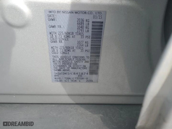 2015 Nissan Rogue S with VIN 5N1AT2MT1FC845874, listed as a Copart auction lot 47421555 with 88,584 mi miles and Salvage Title. Bid and sale history available at carsss.com. Image 13.