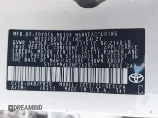2021 Toyota Corolla LE с VIN 5YFEPMAE8MP242971, выставлен на аукционе IAAI как лот 42465555 с пробегом 72 380 миль миль и . История ставок и продаж доступна на DreamBid. Изображение 9.