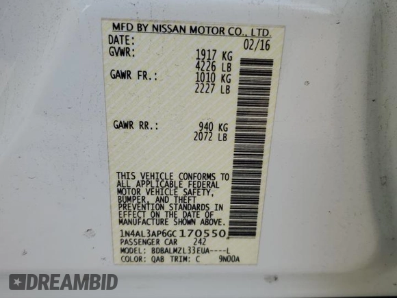 2016 Nissan Altima SV with VIN 1N4AL3AP6GC170550, listed as a Copart auction lot 84926794 with 135,007 mi miles and Salvage Title. Bid and sale history available at carsss.com. Image 13.