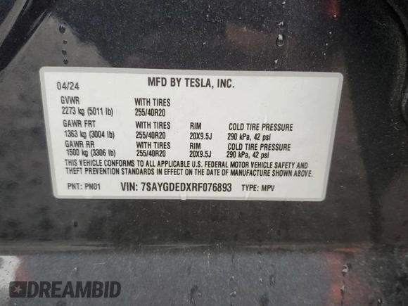 2024 Tesla Model Y z VIN 7SAYGDEDXRF076893, wystawiony jako Copart lot #57966515 z przebiegiem 9 200 mil mil oraz Szkoda całkowita • Salvage title. Historia ofert i sprzedaży dostępna na DreamBid. Obrazek 13.