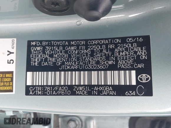 2016 Toyota Prius Four with VIN JTDKARFU1G3023607, listed as a IAAI auction lot 41939592 with 362,845 mi miles. Bid and sale history available at carsss.com. Image 9.
