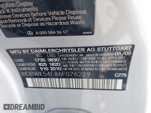 2006 Mercedes-Benz SLK 280 with VIN WDBWK54F86F076229, listed as a IAAI auction lot 42742951 with 115,862 mi miles and . Bid and sale history available at DreamBid. Image 9.