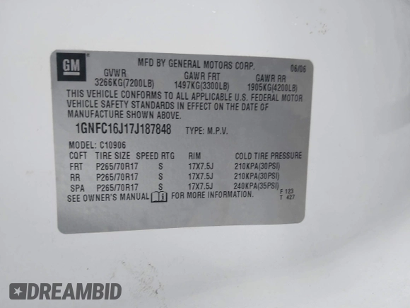 2007 Chevrolet Suburban LT с VIN 1GNFC16J17J187848, выставлен на аукционе IAAI как лот 41553241 с пробегом Не указан миль и . История ставок и продаж доступна на DreamBid. Изображение 9.