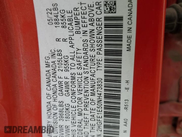 2022 Honda Civic Si with VIN 2HGFE1E50NH473830, listed as a Copart auction lot 54383035 with 72,733 mi miles and Salvage Title. Bid and sale history available at DreamBid. Image 12.