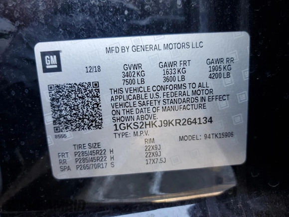 2019 GMC Yukon XL Denali with VIN 1GKS2HKJ9KR264134, listed as a Copart auction lot 43138545 with 105,690 mi miles and Salvage Title. Bid and sale history available at DreamBid. Image 13.