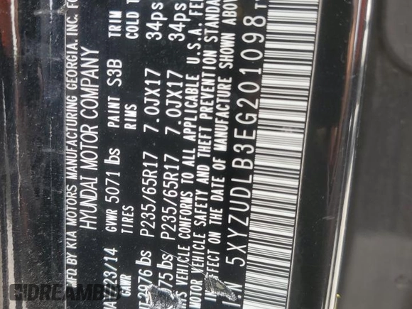 2014 Hyundai Santa Fe with VIN 5XYZUDLB3EG201098, listed as a Copart auction lot 58347205 with 130,610 mi miles and Salvage title. Bid and sale history available at DreamBid. Image 14.
