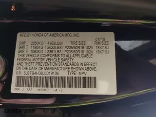 2018 Acura RDX with VIN 5J8TB4H38JL019135, listed as a IAAI auction lot 41903205 with 57,235 mi miles. Bid and sale history available at carsss.com. Image 9.