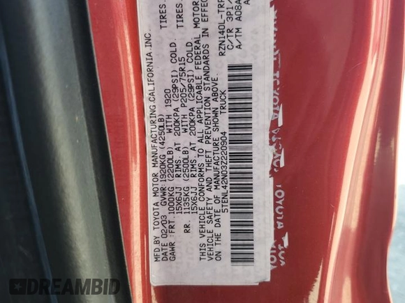 2003 Toyota Tacoma with VIN 5TENL42N03Z220904, listed as a Copart auction lot 54107785 with 113,296 mi miles and Clean Title. Bid and sale history available at DreamBid. Image 13.