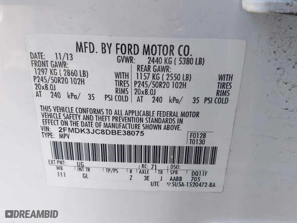 2013 Ford Edge SEL with VIN 2FMDK3JC8DBE38075, listed as a IAAI auction lot 41836234 with 110,772 mi miles. Bid and sale history available at carsss.com. Image 9.
