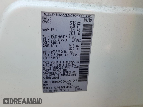 2019 Infiniti QX60 Pure z VIN 5N1DL0MMXKC567027, wystawiony jako Copart lot #53900645 z przebiegiem 154 877 mil mil oraz Szkoda całkowita • Salvage title. Historia ofert i sprzedaży dostępna na DreamBid. Obrazek 13.