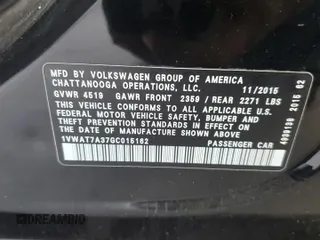 2016 Volkswagen Passat S with VIN 1VWAT7A37GC015162, listed as a Copart auction lot 62492515 with 137,641 mi miles and Salvage title. Bid and sale history available at DreamBid. Image 13.