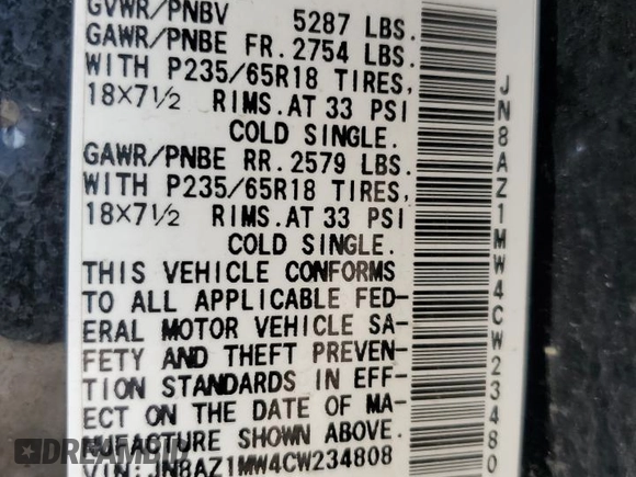 2012 Nissan Murano SV with VIN JN8AZ1MW4CW234808, listed as a Copart auction lot 54537125 with 143,570 mi miles and Salvage Title. Bid and sale history available at carsss.com. Image 13.