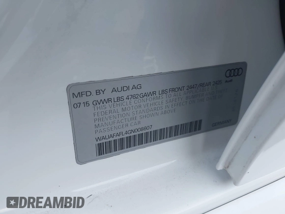 2016 Audi A4 Premium z VIN WAUAFAFL4GN008607, wystawiony jako IAAI lot #42289079 z przebiegiem Nie podano mil oraz . Historia ofert i sprzedaży dostępna na DreamBid. Obrazek 9.