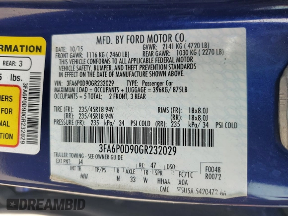 2016 Ford Fusion Titanium with VIN 3FA6P0D90GR232029, listed as a Copart auction lot 57096045 with 90,694 mi miles and Salvage title. Bid and sale history available at DreamBid. Image 12.