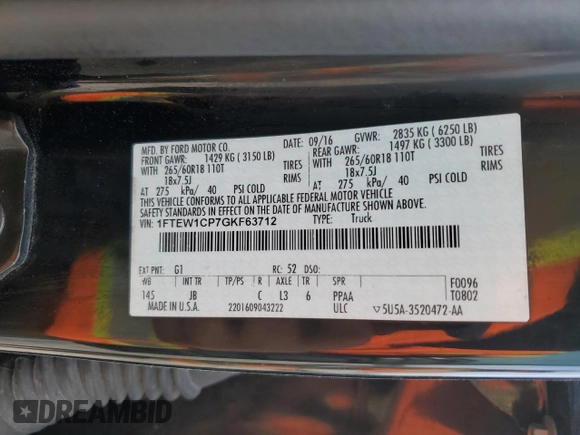 2016 Ford F-150 XL with VIN 1FTEW1CP7GKF63712, listed as a Copart auction lot 56210085 with 268,313 mi miles and Salvage title. Bid and sale history available at DreamBid. Image 12.