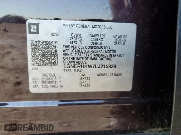 2020 Chevrolet Traverse LT with VIN 1GNERHKW7LJ215828, listed as a Copart auction lot 61087665 with 49,557 mi miles and Salvage title. Bid and sale history available at DreamBid. Image 13.