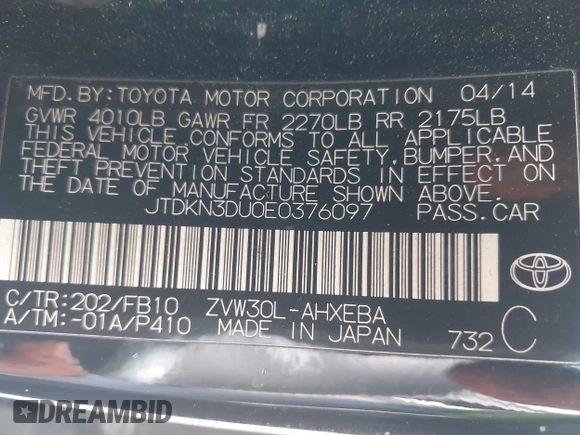 2014 Toyota Prius Four with VIN JTDKN3DU0E0376097, listed as a IAAI auction lot 41909796 with 122,973 mi miles. Bid and sale history available at carsss.com. Image 9.