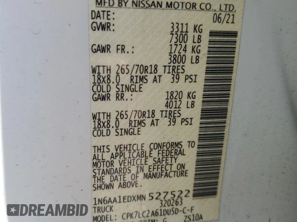 2021 Nissan Titan SV с VIN 1N6AA1EDXMN527522, выставлен на аукционе Copart как лот 52826715 с пробегом 79 450 миль миль и Списание • Salvage title. История ставок и продаж доступна на DreamBid. Изображение 15.