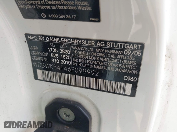 2006 Mercedes-Benz SLK 280 z VIN WDBWK54F46F099992, wystawiony jako IAAI lot #42128291 z przebiegiem 158 561 mil mil oraz . Historia ofert i sprzedaży dostępna na DreamBid. Obrazek 9.